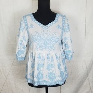 Kindred  embroidered  white blue baby doll top